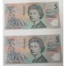 AUSTRALIA 1992 . FIVE 5 DOLLAR BANKNOTES . COLE/FRASER . CONSECUTIVE FIVE . FIRST PREFIX AA00